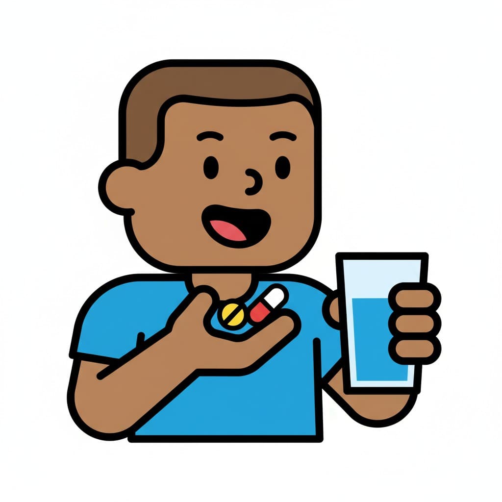 En leende person håller piller och ett glas vatten, redo att ta medicin eller ett vitamin.