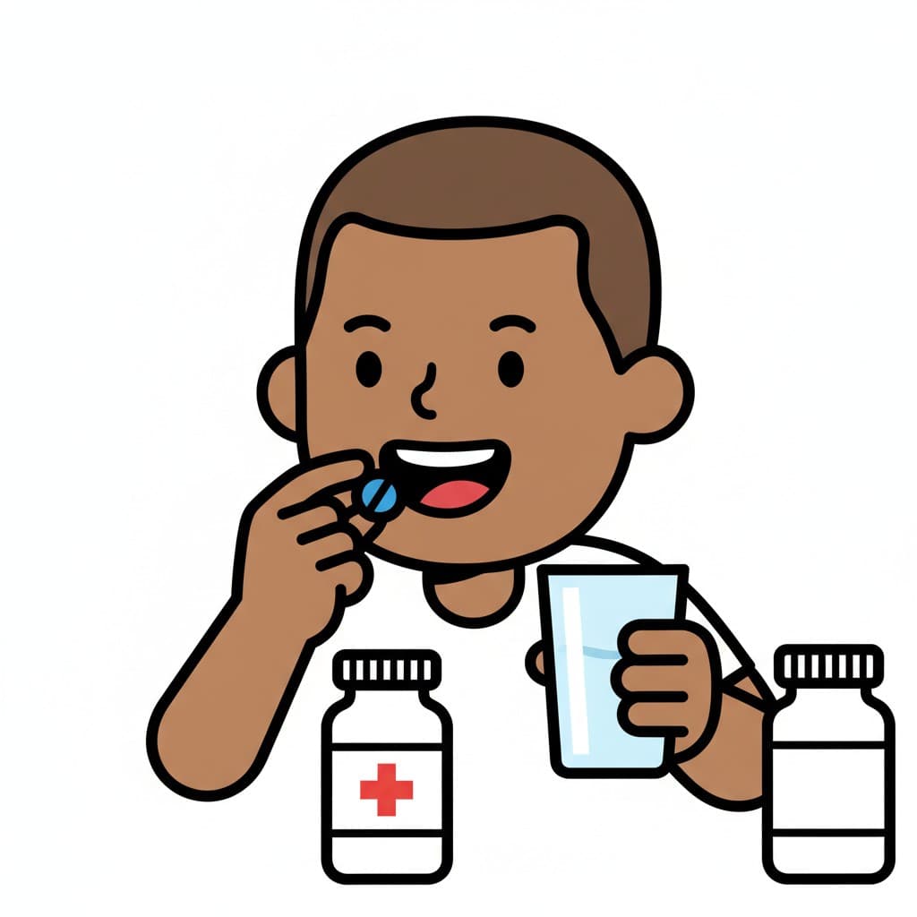 En person håller en medicintablett vid munnen med ena handen och ett glas vatten med den andra. Två medicinflaskor står på bordet.