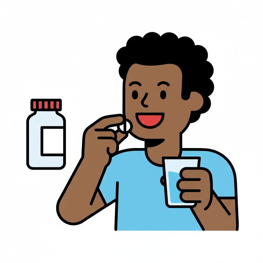 En kille stoppar en tablett i munnen, håller ett glas vatten och har en medicinflaska i närheten.