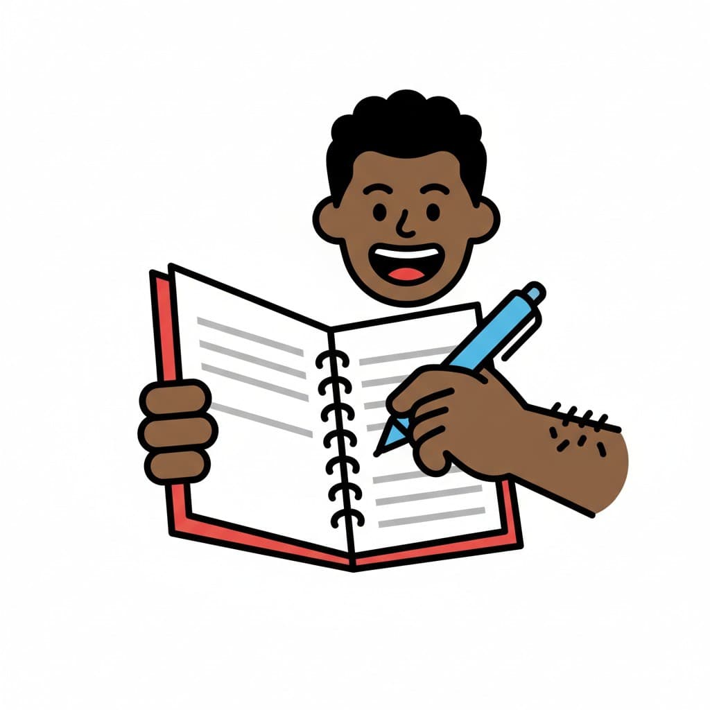 A person writing in a notebook with a pen.