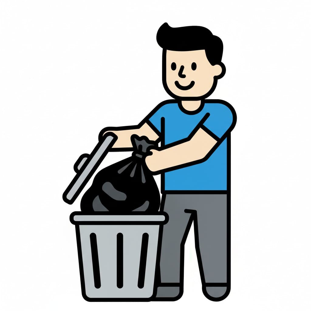 A smiling person placing a black trash bag into a grey trash can with an open lid.
