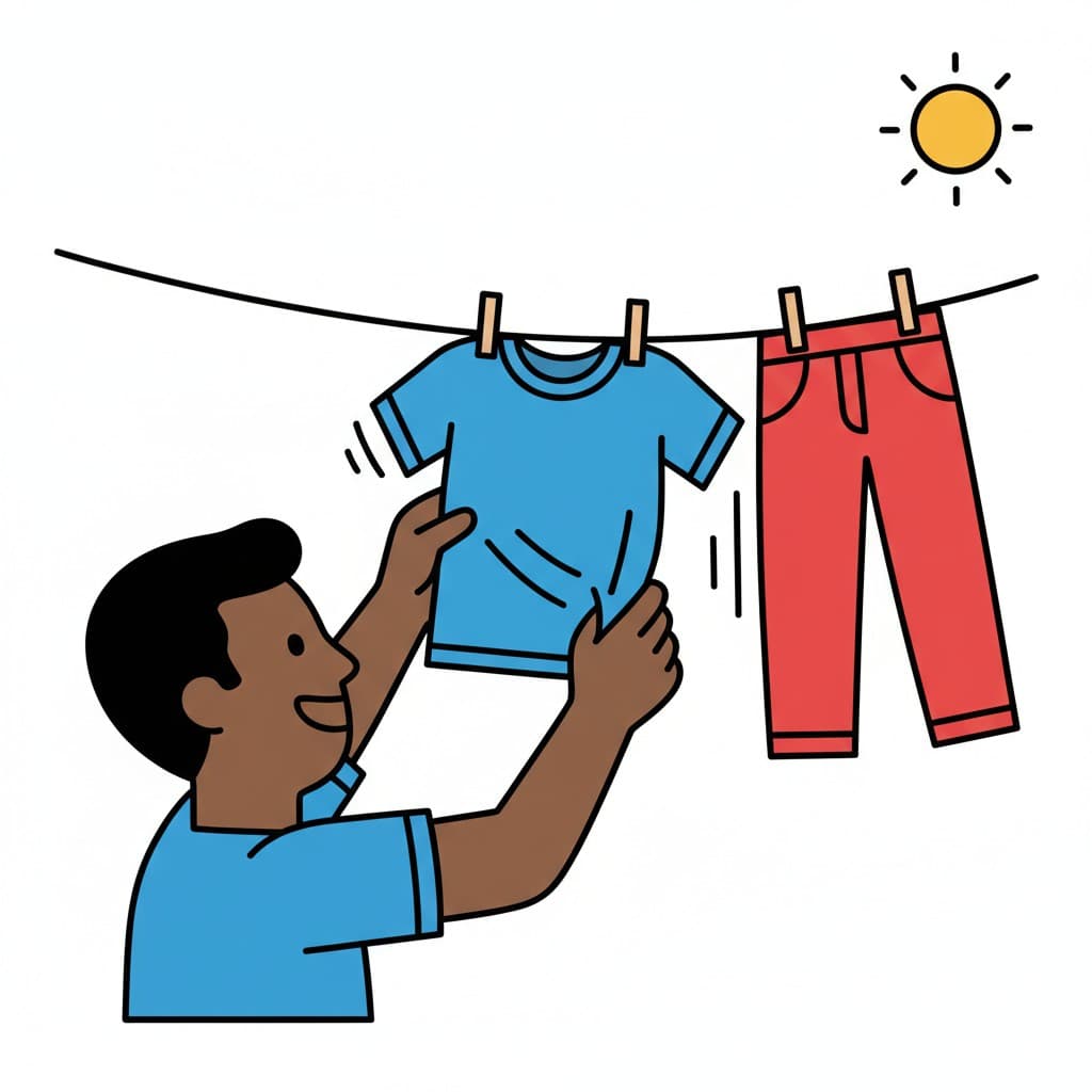 A boy takes a blue t-shirt down from a clothesline in the sunshine.