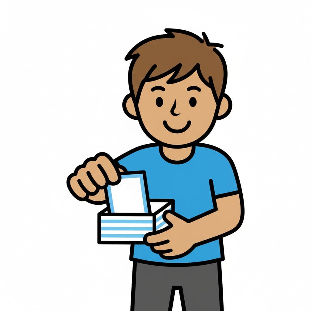 A cartoon boy is taking a slip of paper from a striped box with a happy expression.