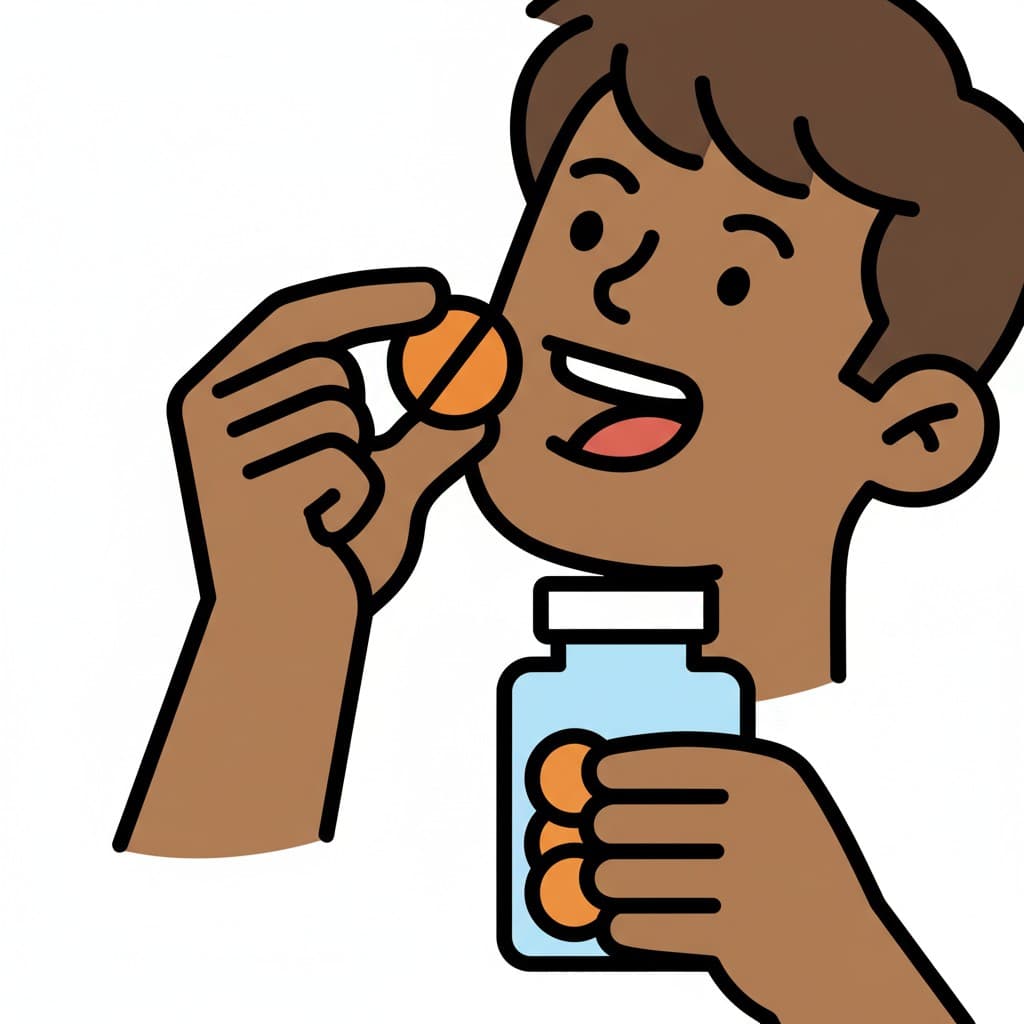 En person tar en orange vitamin från en vit burk.