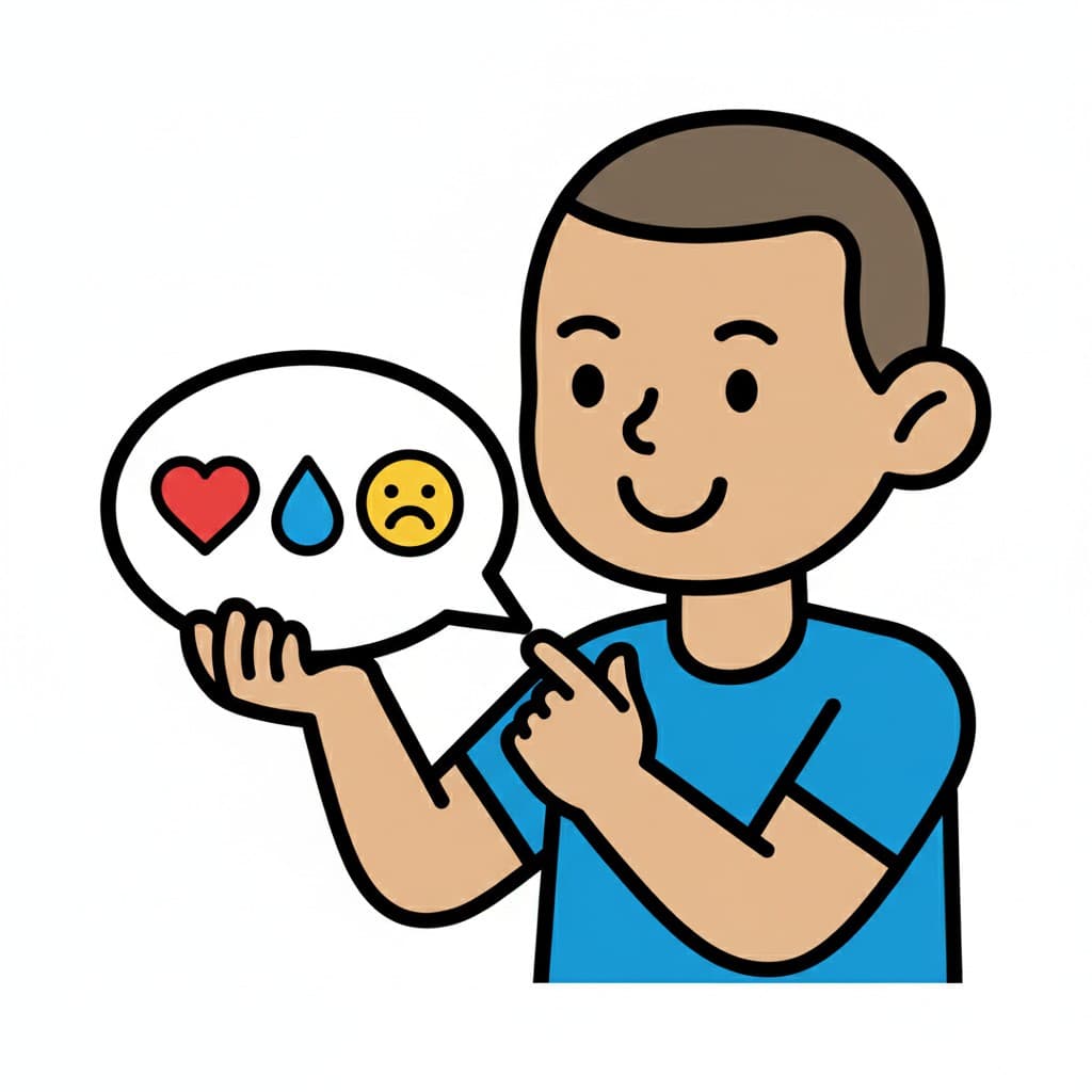 En pojke pekar på en pratbubbla som innehåller ikoner för ett hjärta, en tår och en ledsen smiley, vilket representerar att prata om känslor.