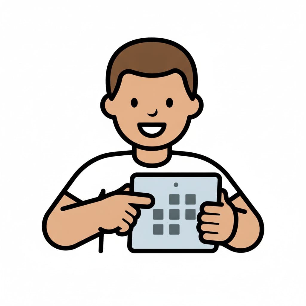Holding a tablet full of app icons, a boy taps the screen with his finger.