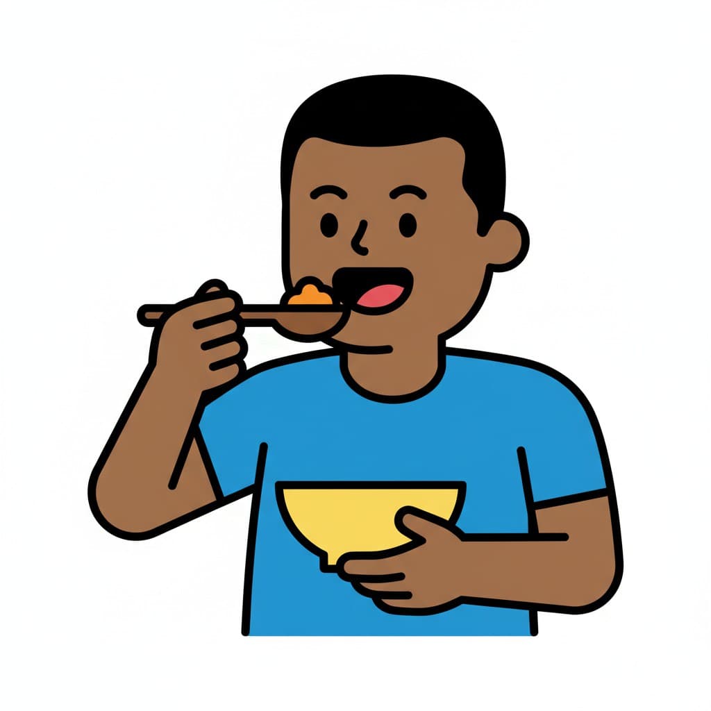 En illustration av ett barn som smakar mat från en sked med öppen mun, medan hen håller en gul skål.