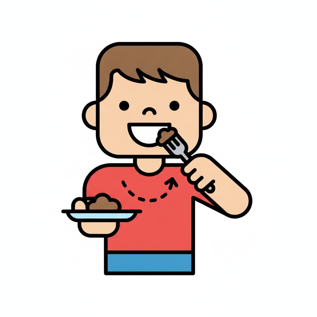 Ein Junge hält einen Teller und führt eine Gabel mit Essen zum Mund.