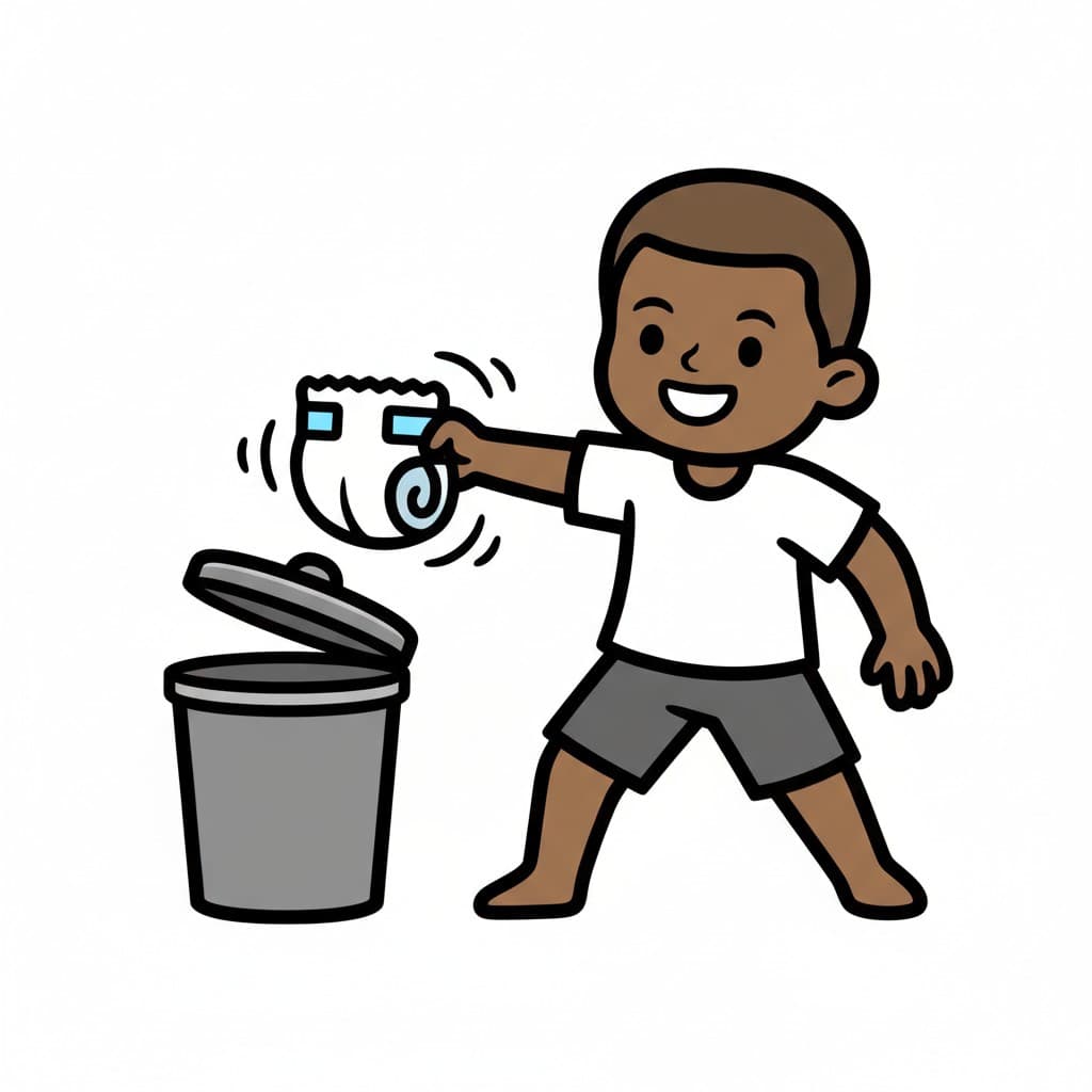 Nuori henkilö heittää käytetyn vaipan roskakoriin.