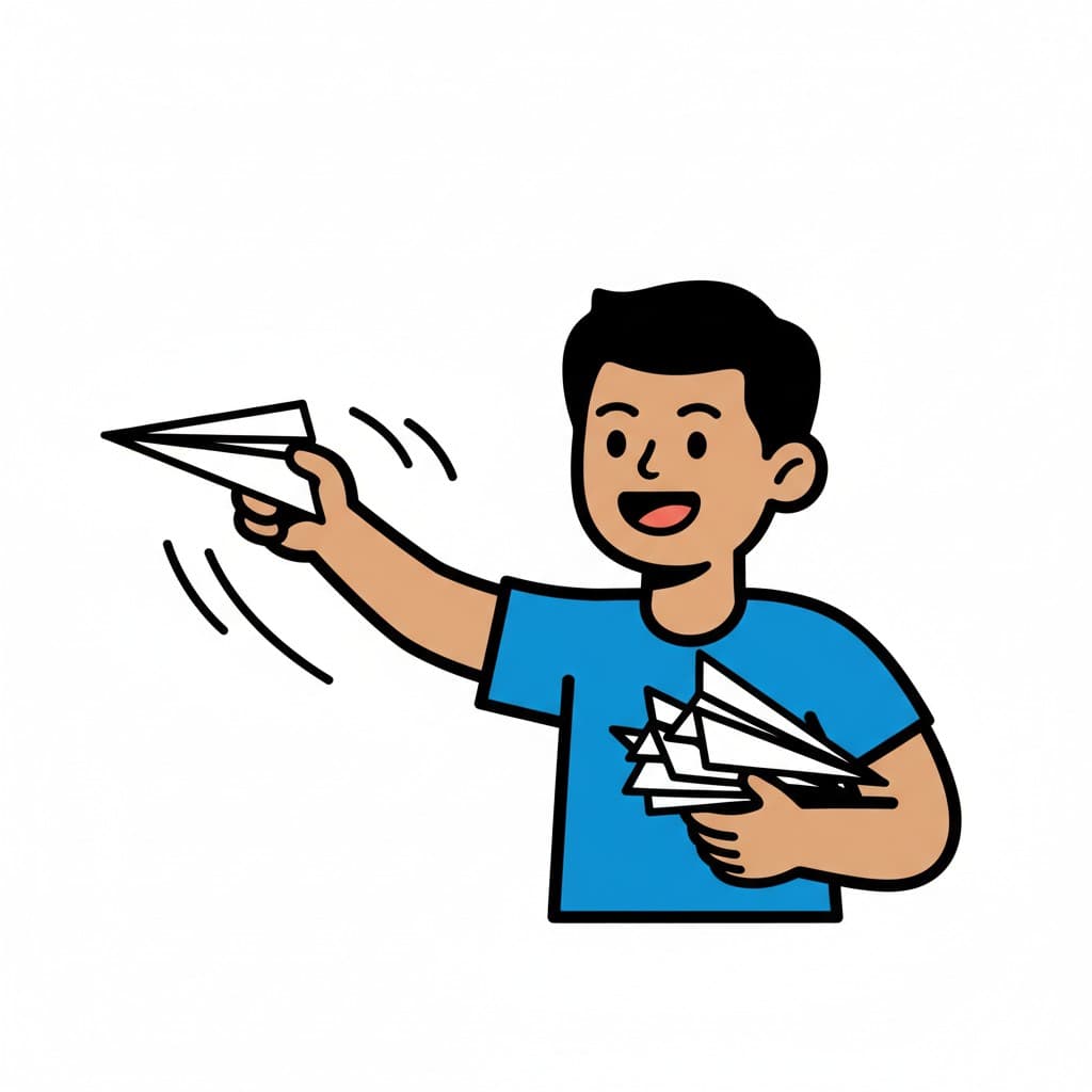 En pojke med ett brett leende kastar ett pappersflygplan. Han håller en hög med andra pappersflygplan under armen.