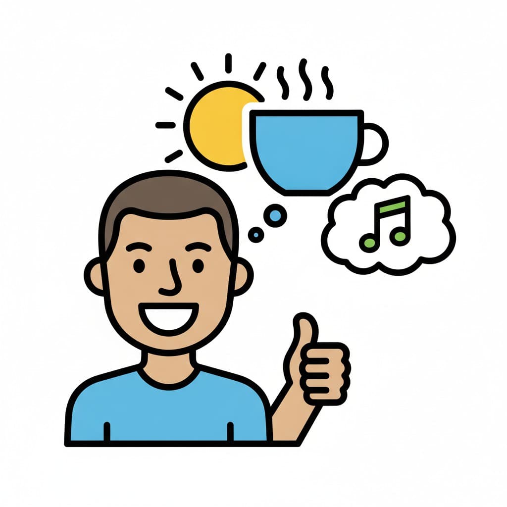 Ein Junge lächelt und zeigt den Daumen hoch, über ihm eine Sonne, eine Tasse und Musik.