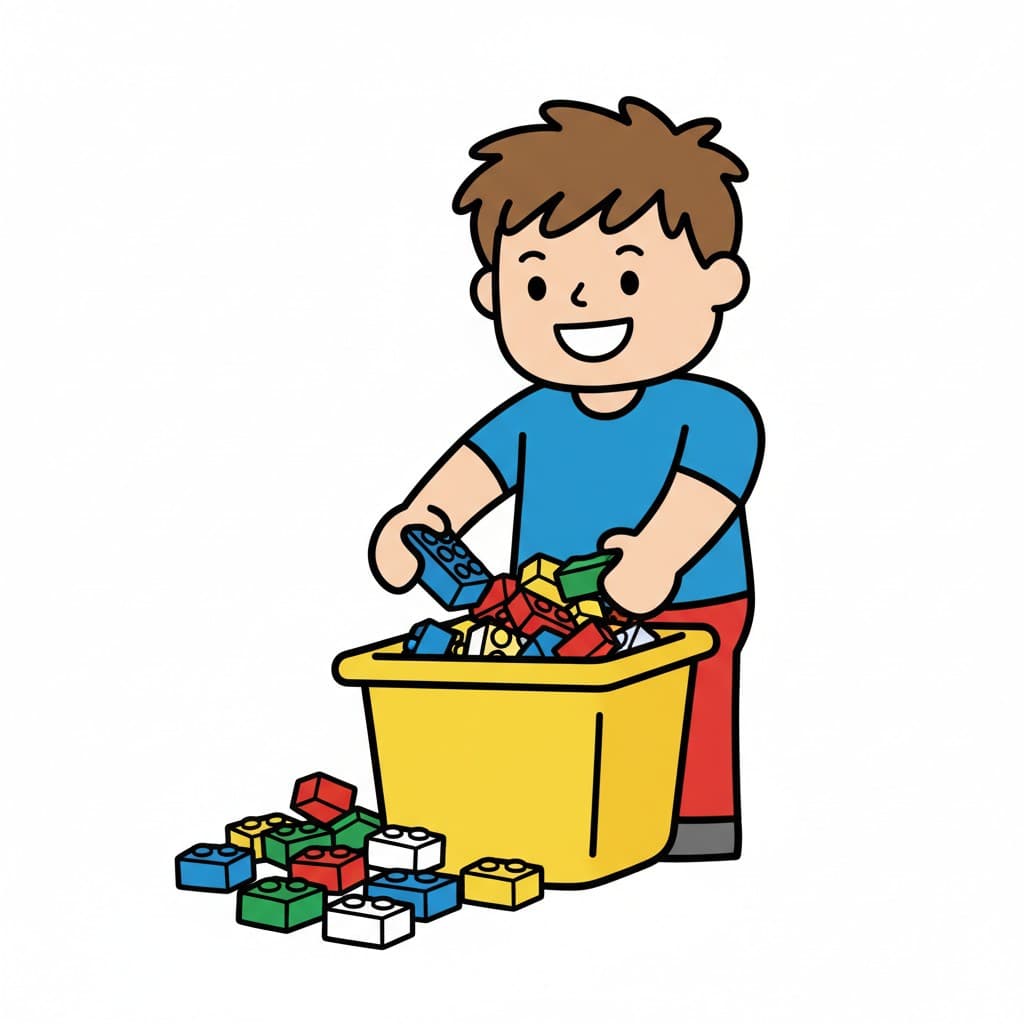 En pojke lägger färgglada legobitar i en gul förvaringslåda. Några legobitar ligger bredvid lådan.