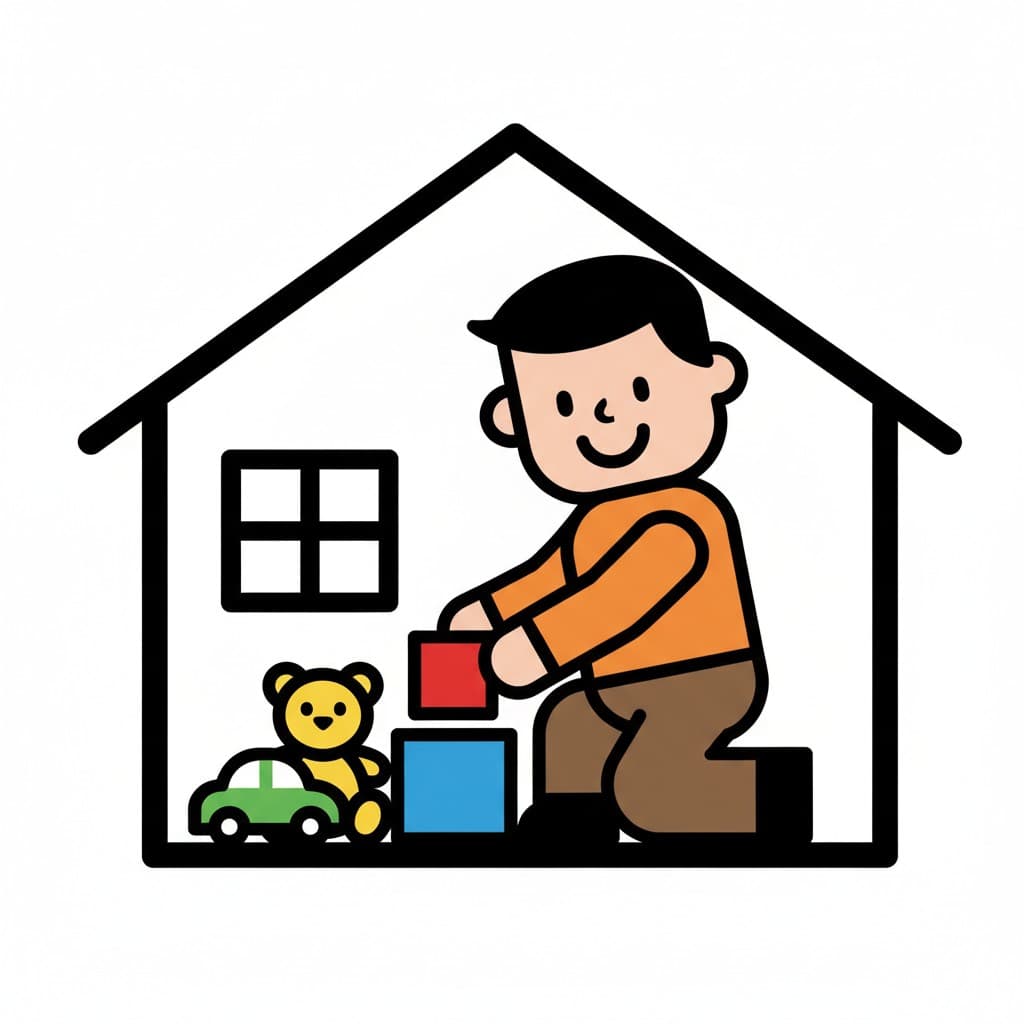 Ein Cartoon-Junge spielt mit Bauklötzen und einem Auto, bereit, Spielzeug aufzuräumen, dargestellt innerhalb einer Hausumrandung.