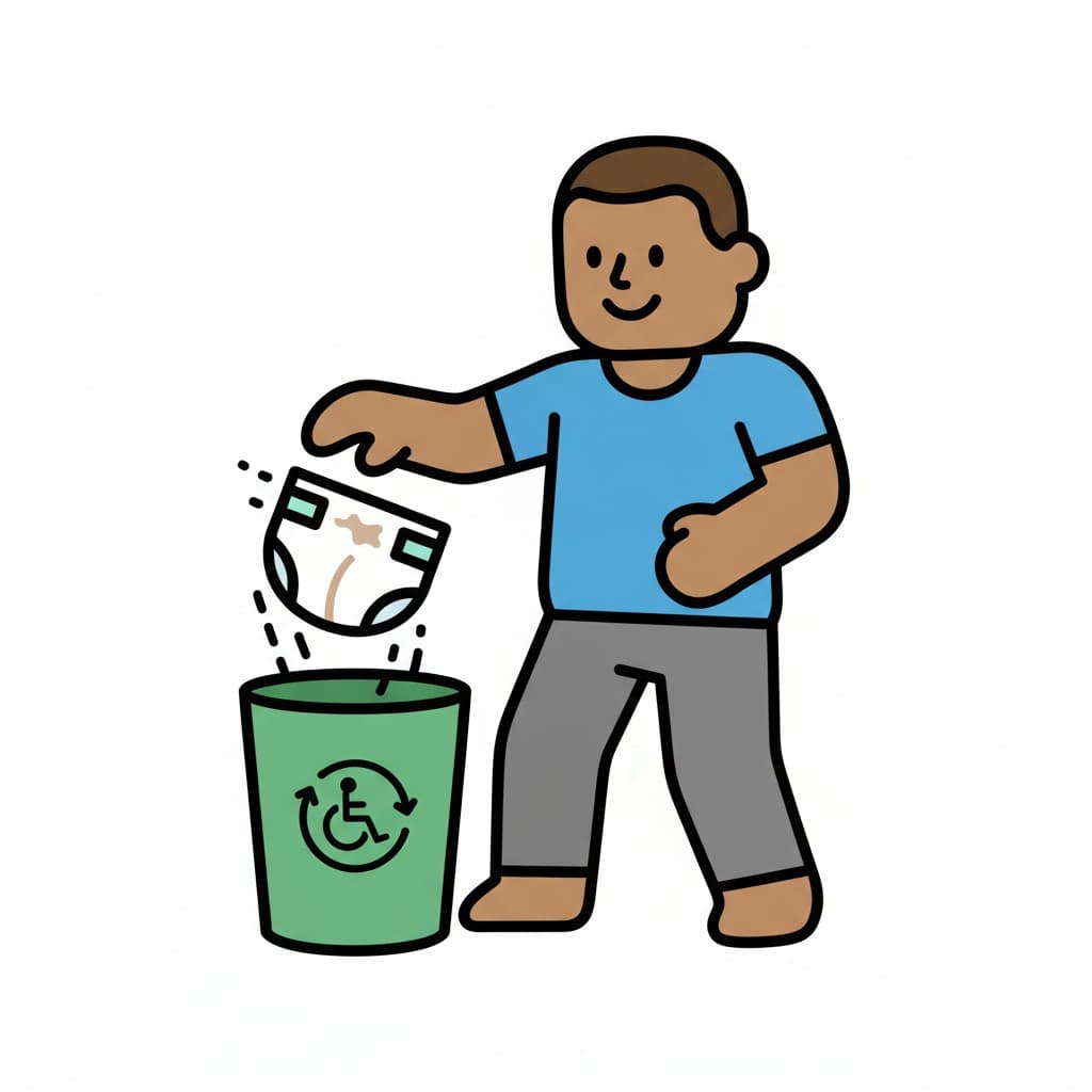 A boy tosses a dirty diaper into a green trash can.