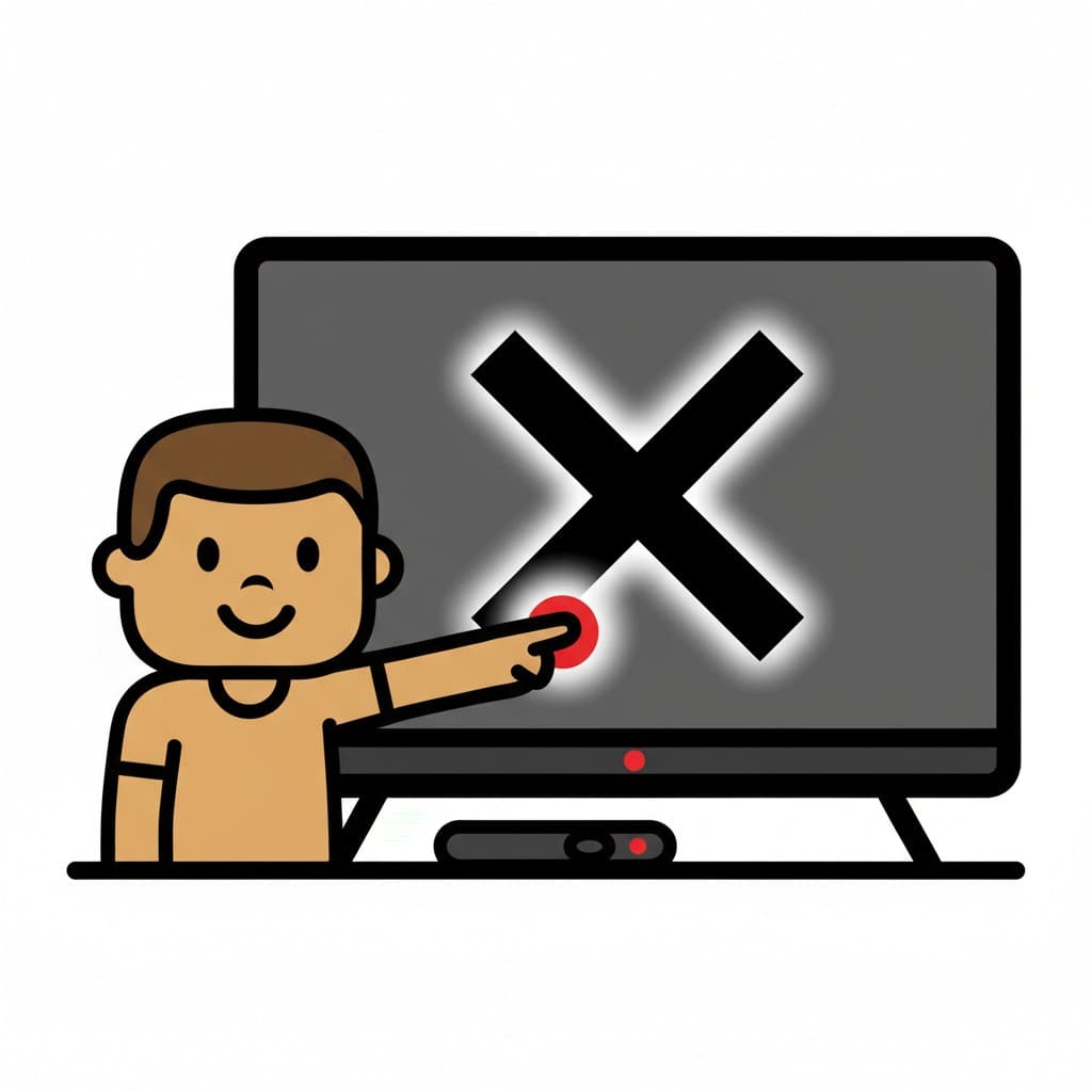 En gutt peker på en TV-skjerm med et stort 'X' på, noe som indikerer at den blir slått av.