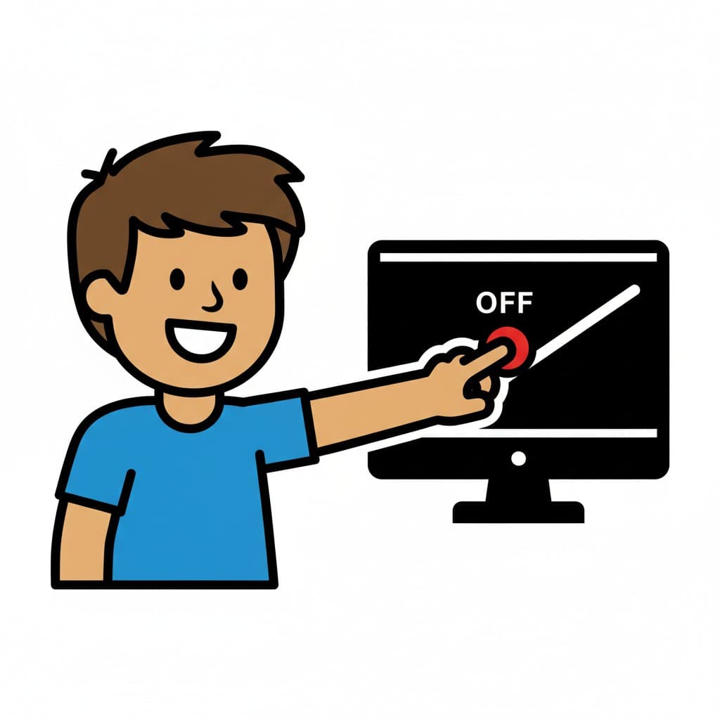 En glad pojke trycker på av-knappen på en skärm.