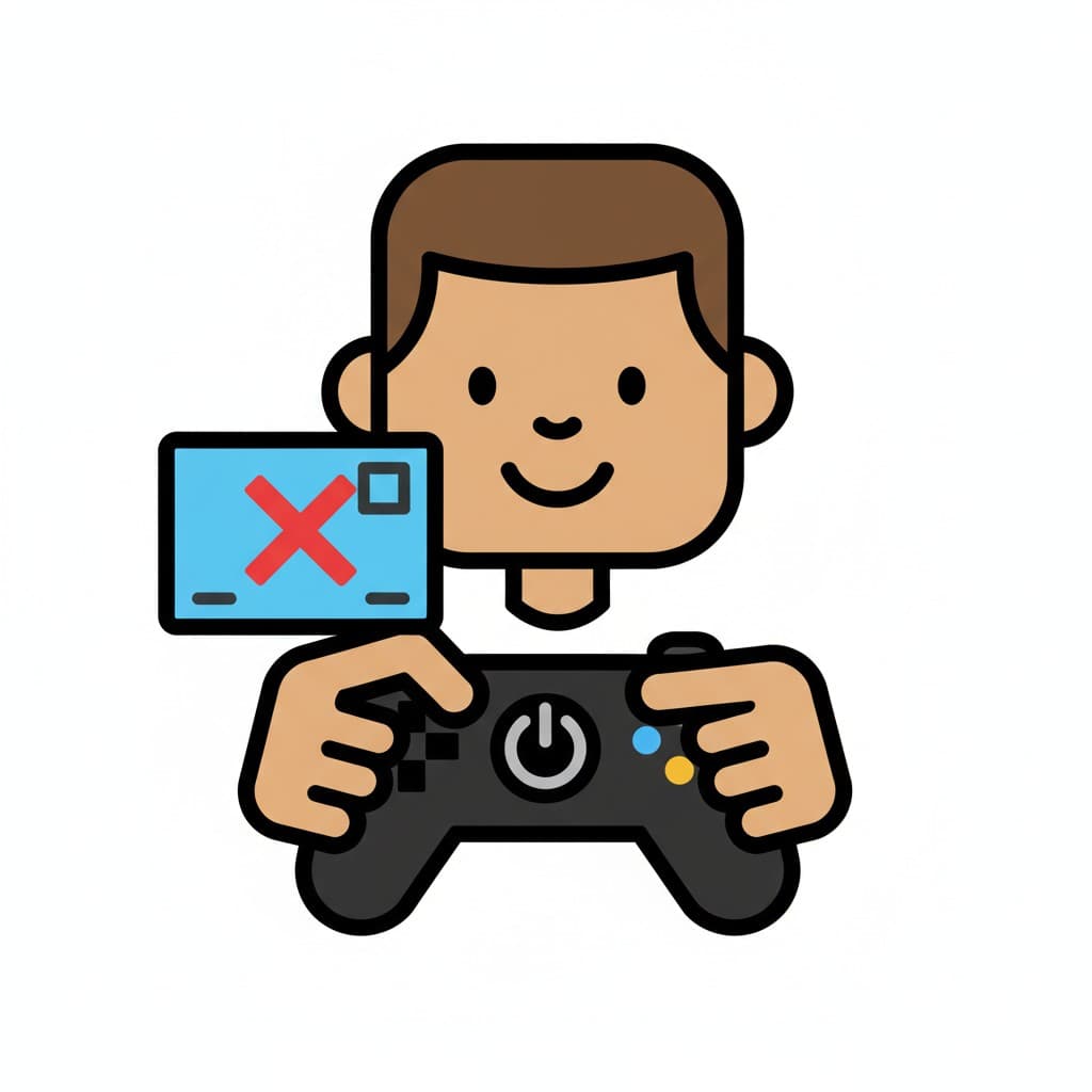 A boy holding a game controller with a red 'X' icon floating next to it, indicating turning off the game.