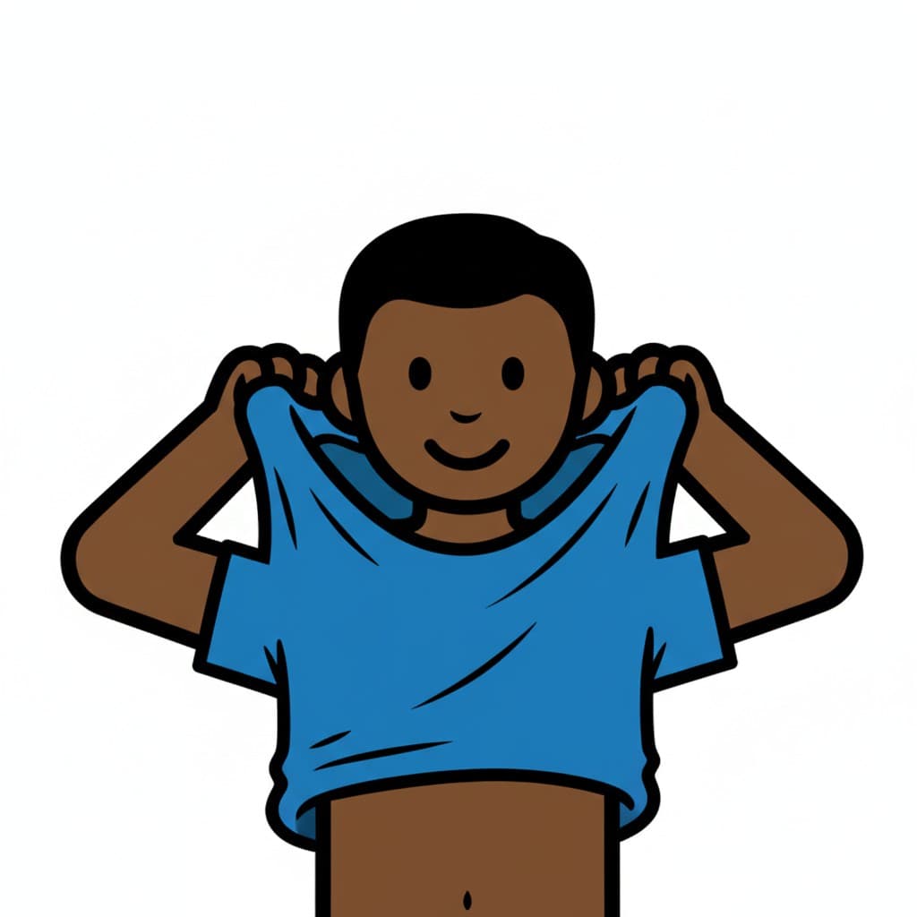 A boy taking off his blue t-shirt.