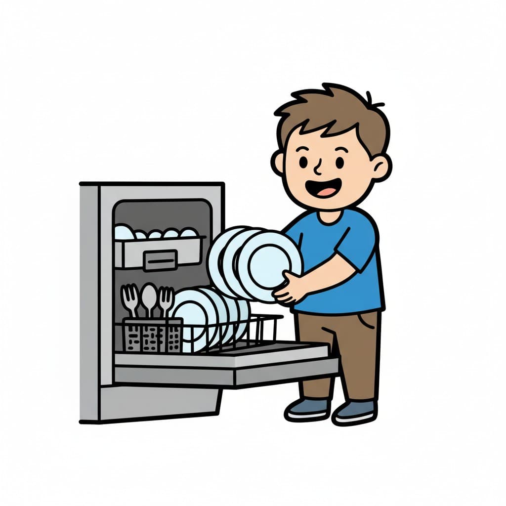 A boy stands next to an open dishwasher and is taking out clean plates.