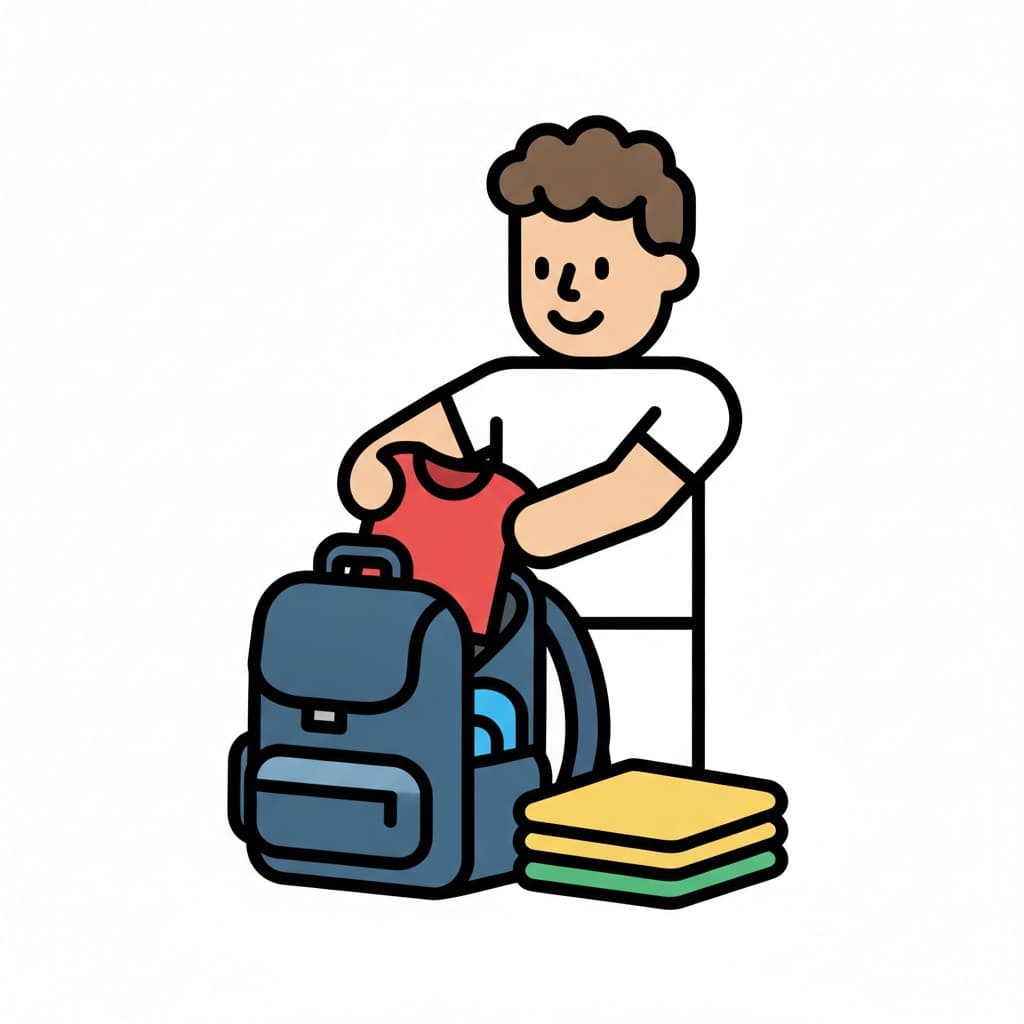 En pojke i vit t-shirt lyfter upp ett rött plagg ur en mörkblå ryggsäck bredvid en hög med vikta kläder.