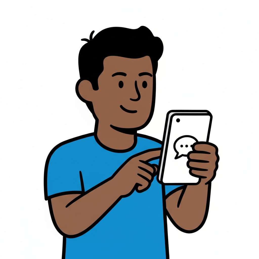 En dreng smiler, mens han kigger på og trykker på en smartphone med et beskedikon på skærmen.
