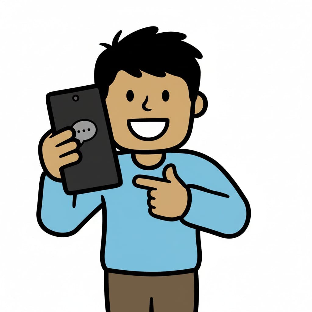 En person holder en telefon med en beskedboble på skærmen og peger på den, mens personen smiler.