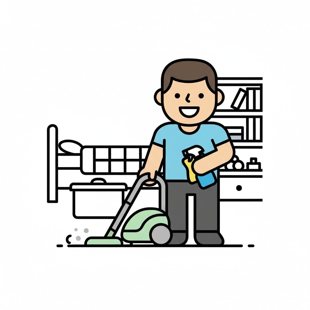 A smiling person is vacuuming the floor and holding a spray bottle in a room with a bed and a shelf.