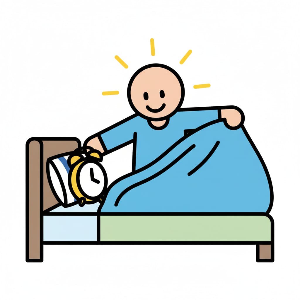 A person is in bed, reaching for an alarm clock. Sun rays indicate it's morning.