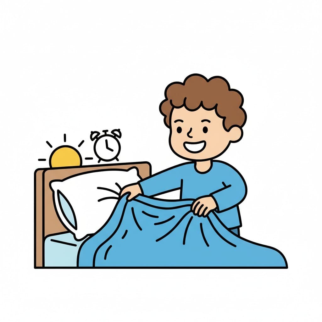 En pojke i blå pyjamas bäddar sin säng. En sol och väckarklocka står på nattduksbordet.