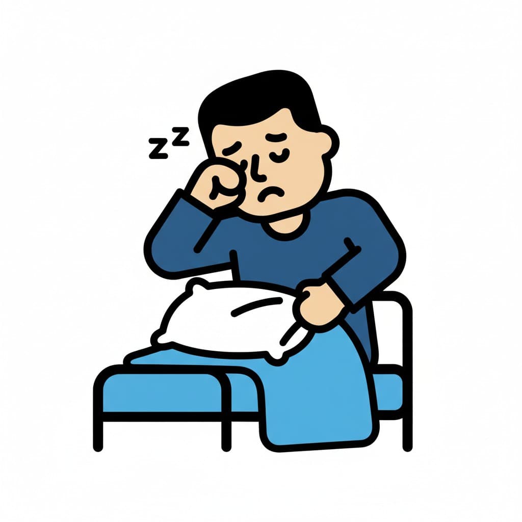 En person sitter upp i sängen och gnuggar sina ögon, med Zz-symboler som indikerar att de vaknar eller är sömniga.