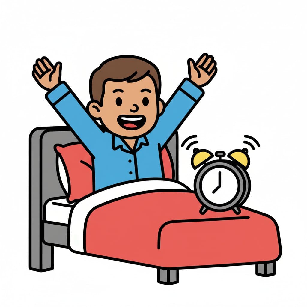 A boy stretching in bed with an alarm clock ringing.