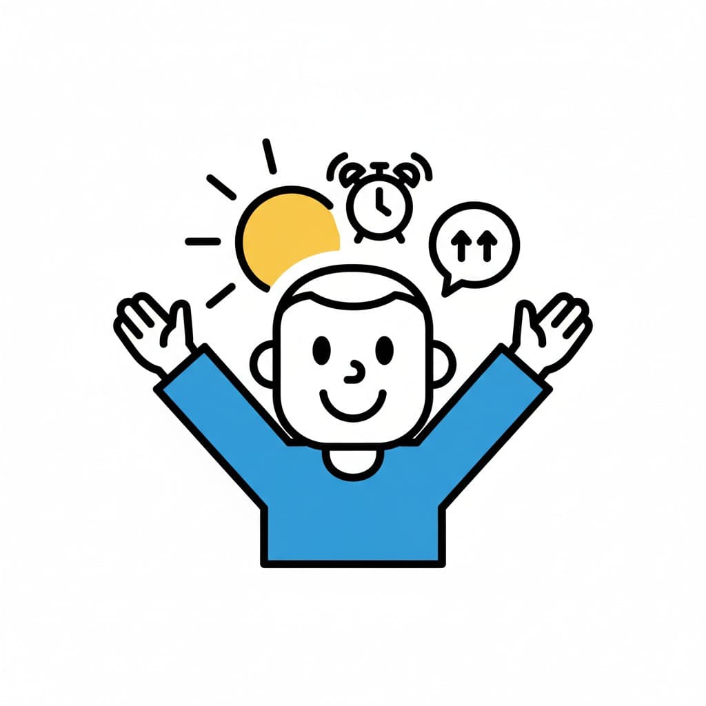 A boy with arms raised, next to symbols representing a sun, an alarm clock, and getting up.