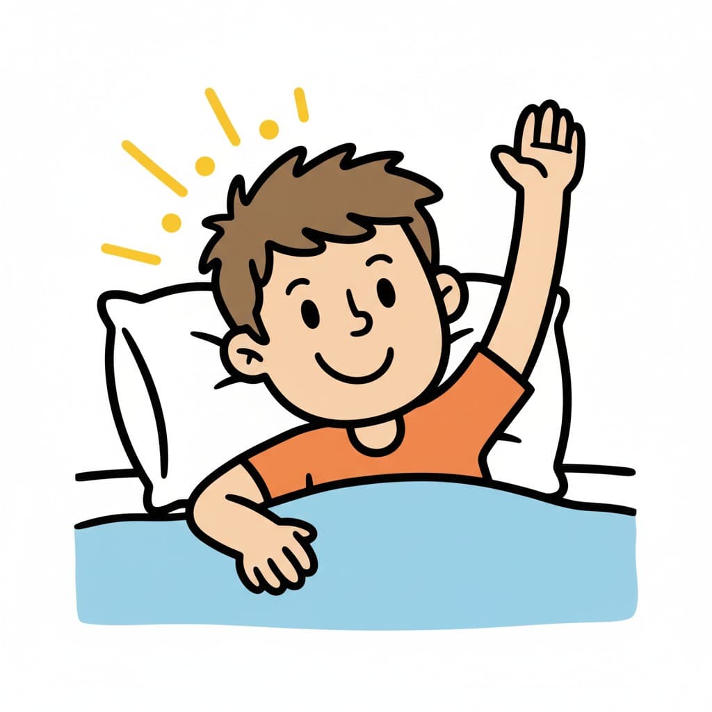 A boy in bed smiling and waving.