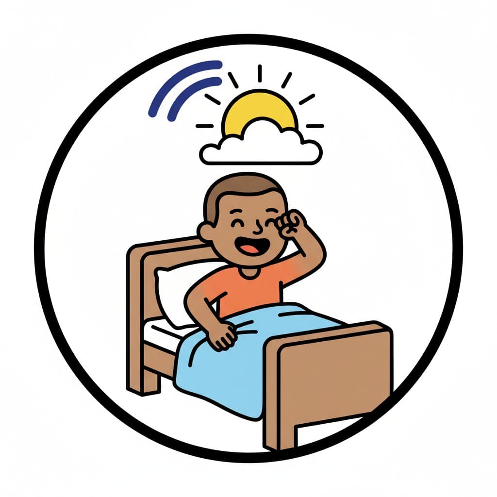 A boy waking up in bed, stretching and rubbing his eye.