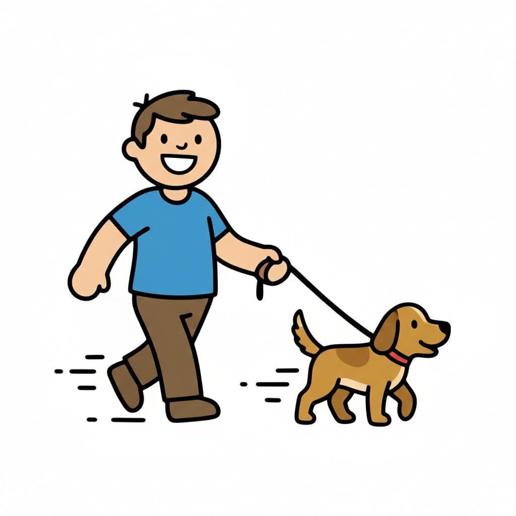 A boy is walking a dog on a leash.