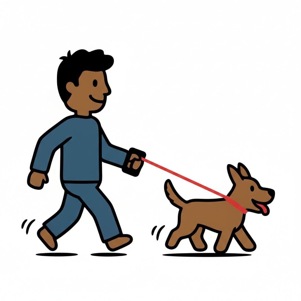 A person walking a dog on a leash.