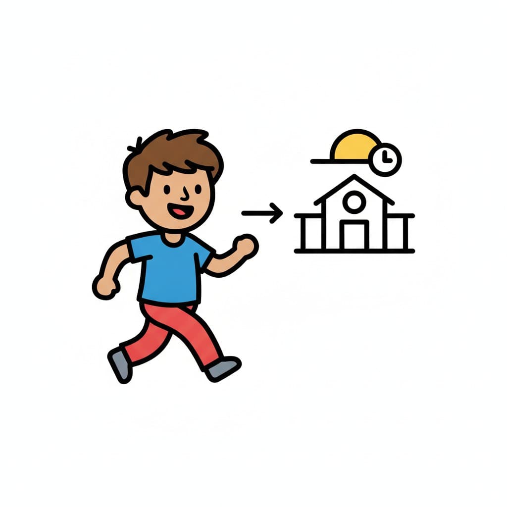 A happy child walks toward a building with an arrow and a sun, on the way to after school care.