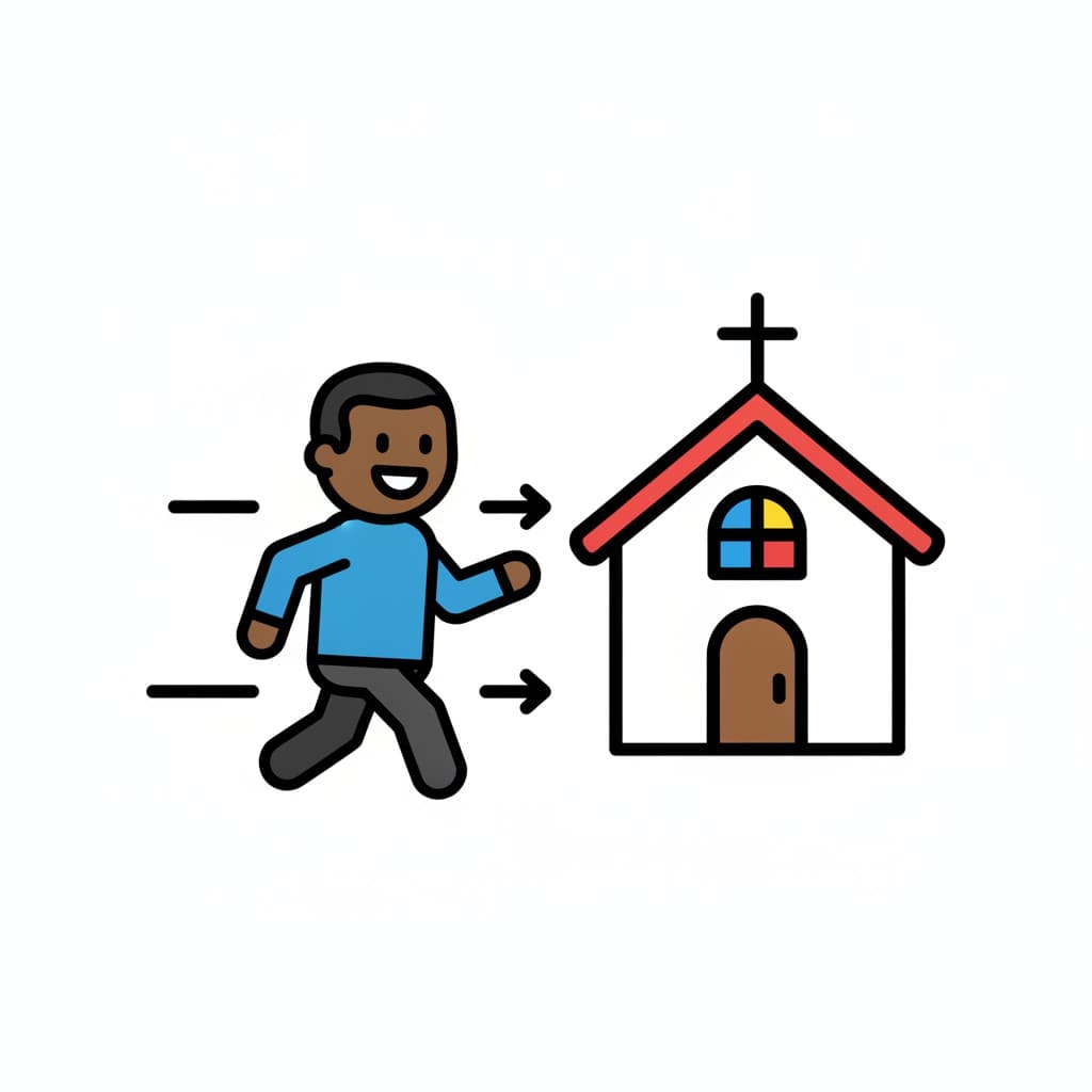 Ein lächelnder Junge geht auf eine Kirche mit einem Kreuz auf dem Dach zu.