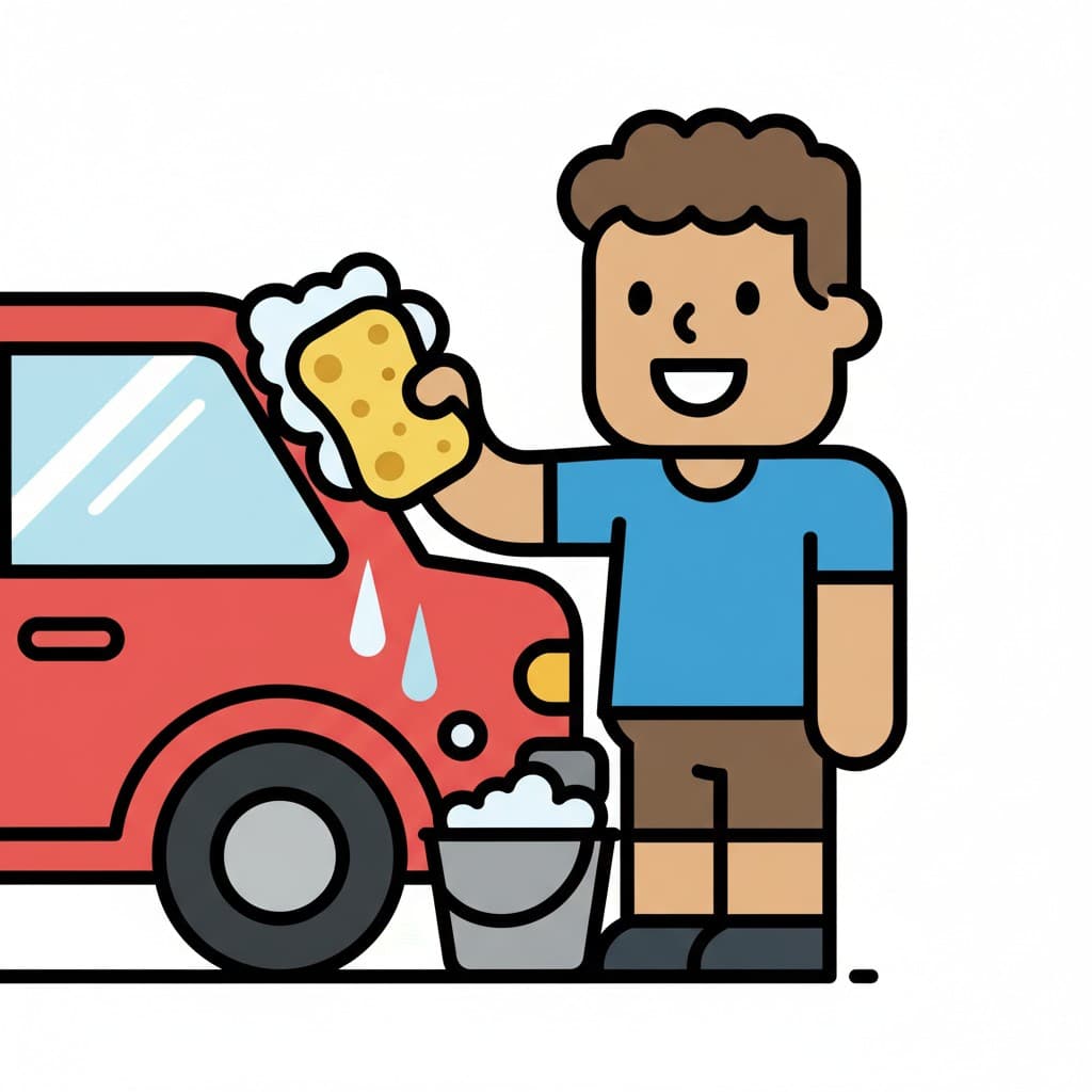 En pojke tvättar en röd bil med en svamp och en hink med skum.