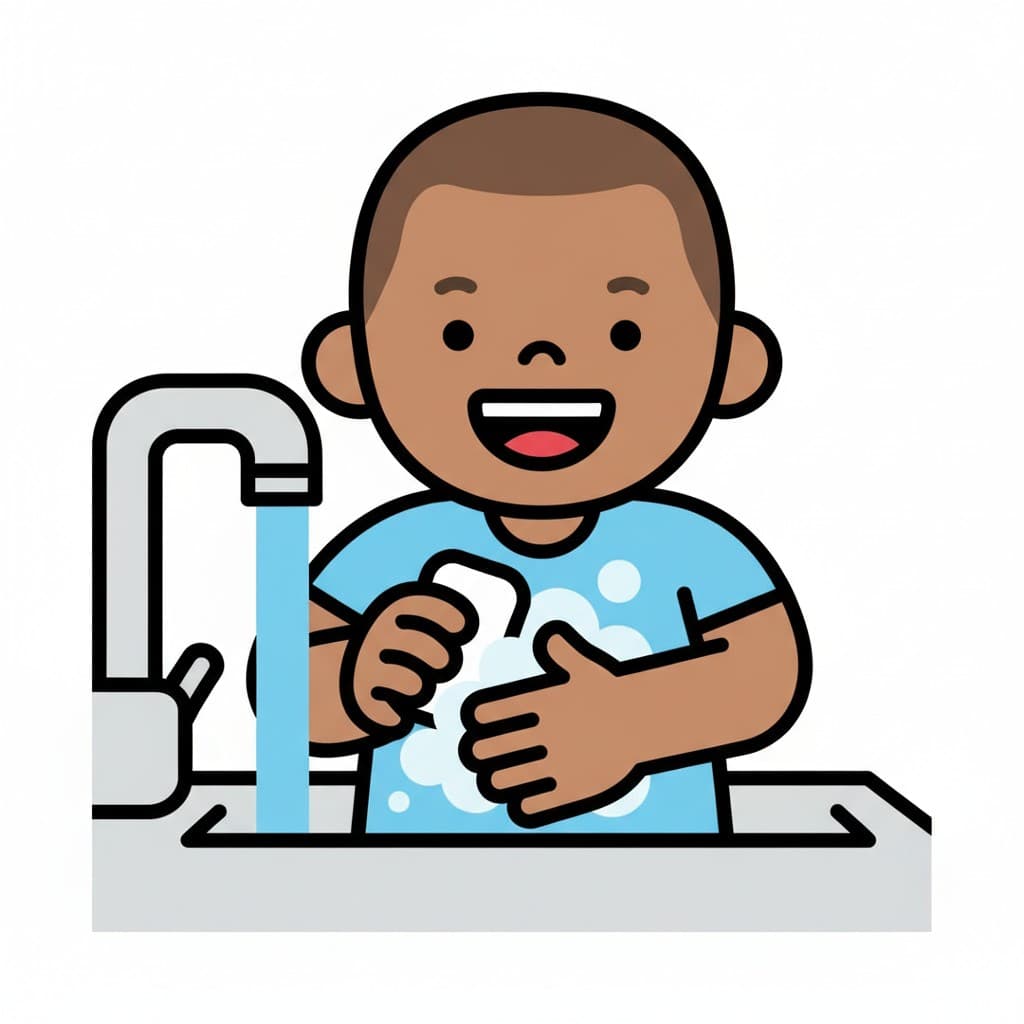 A happy boy washing his hands under a water faucet with lather.