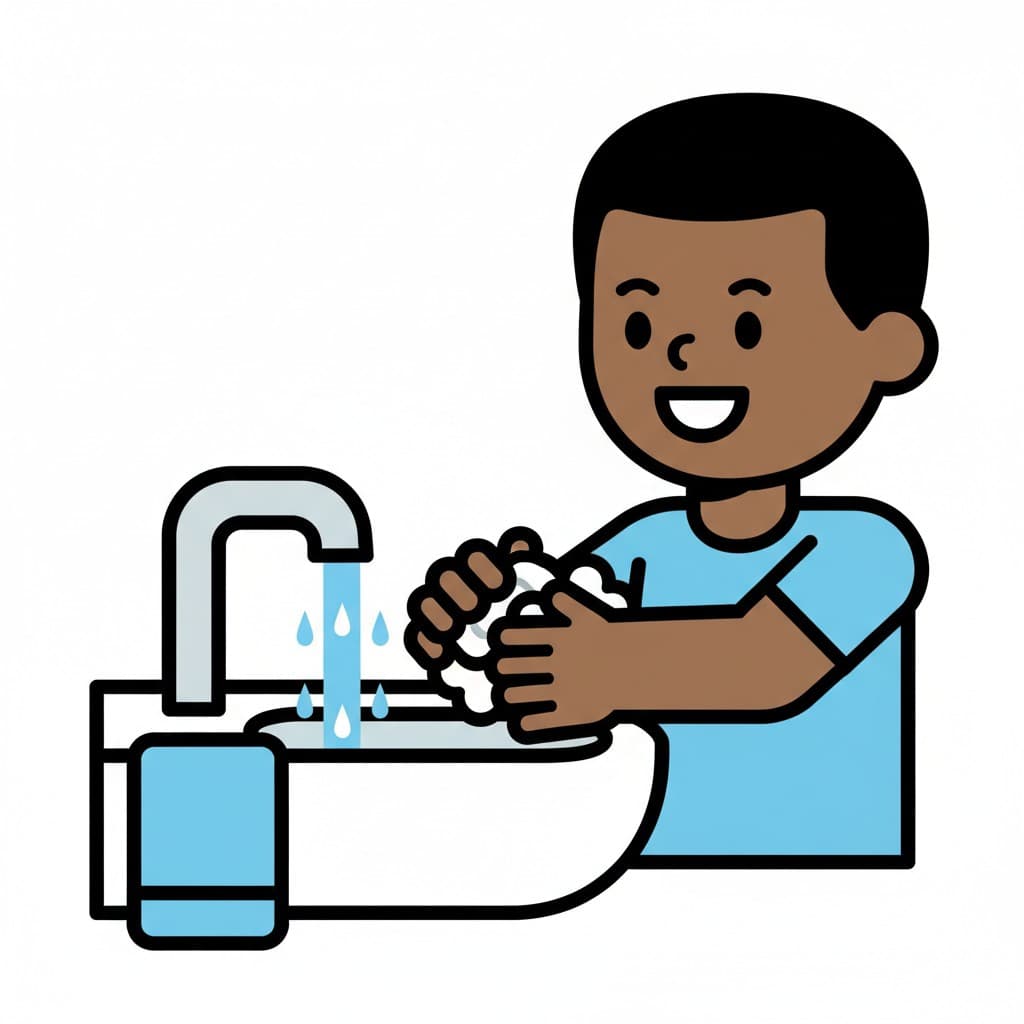 A happy boy washing his hands in a sink with lather.