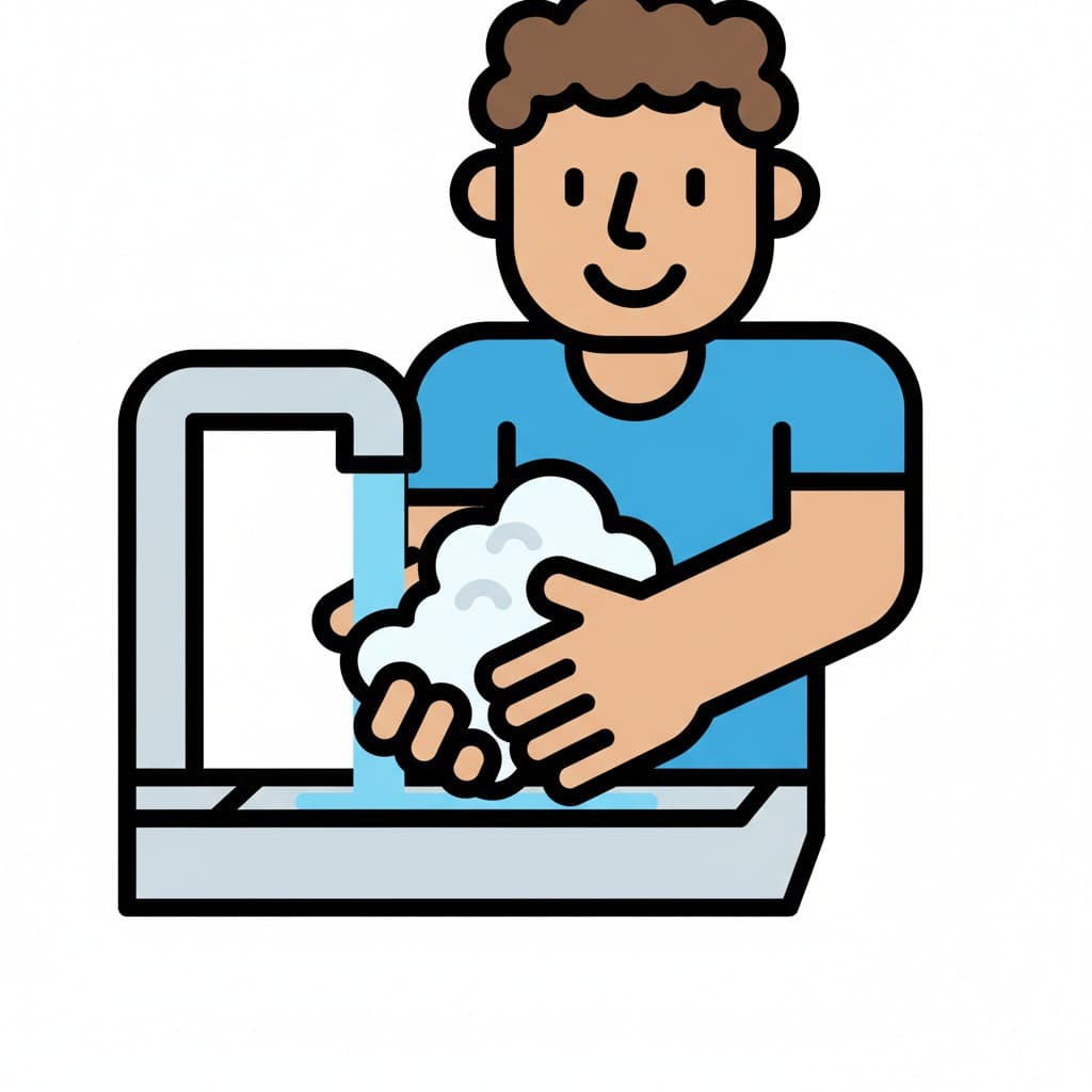 A person is washing hands with soap under running water in a sink.
