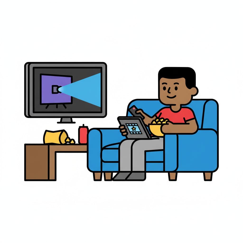 En pojke sitter bekvämt i en blå fåtölj och tittar på film på en TV-skärm. Han håller en surfplatta i ena handen och en skål popcorn i den andra. Snacks finns på ett sidobord intill.