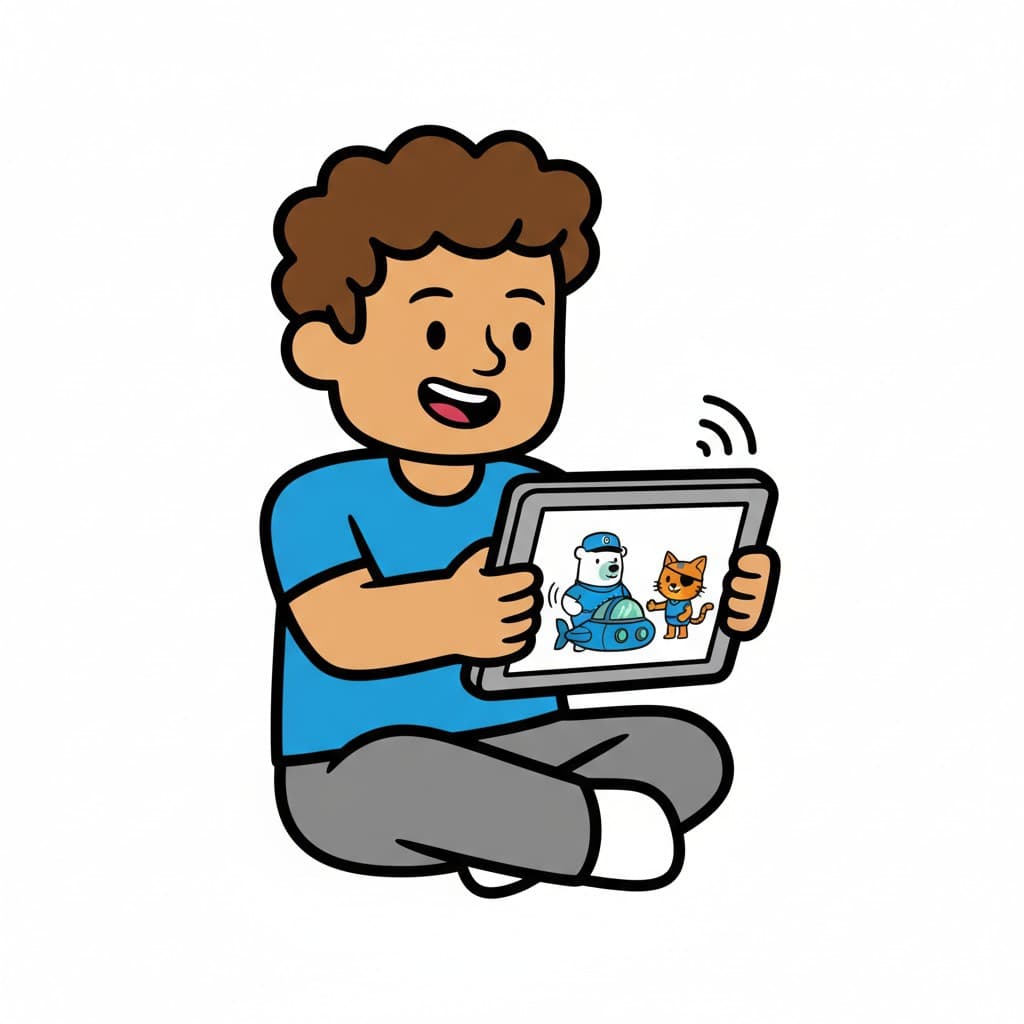 En pojke sitter glatt och tittar på en serie med Octonauterna på en surfplatta.