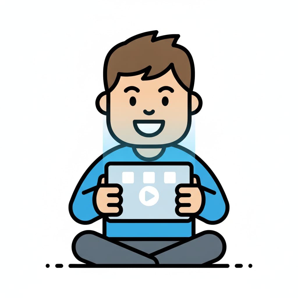 A boy sits cross-legged and watches a video on his tablet.