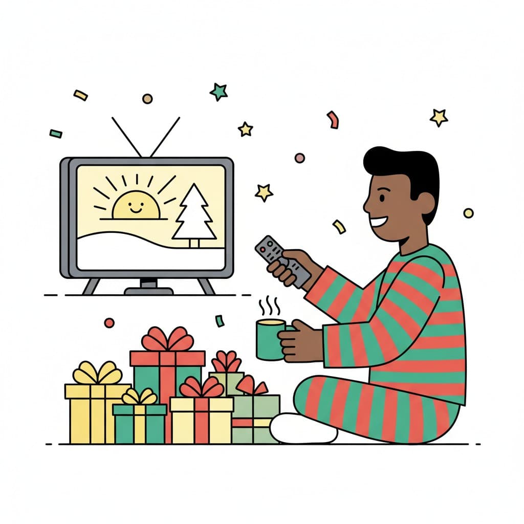 En pojke i randig pyjamas sitter med en fjärrkontroll och en varm dryck framför en tv bredvid en hög med julklappar.