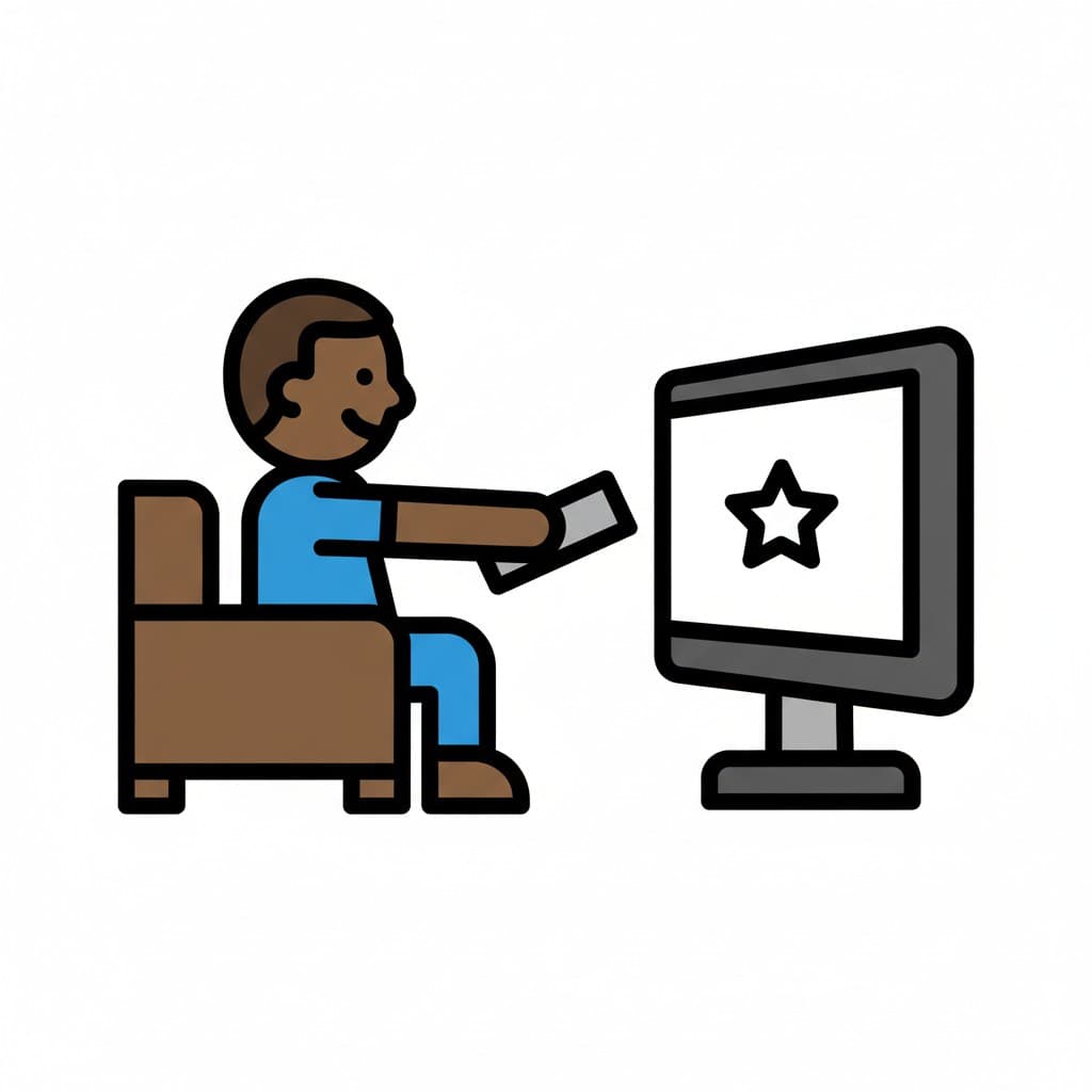 A person sits in a chair, pointing a remote control at a TV.