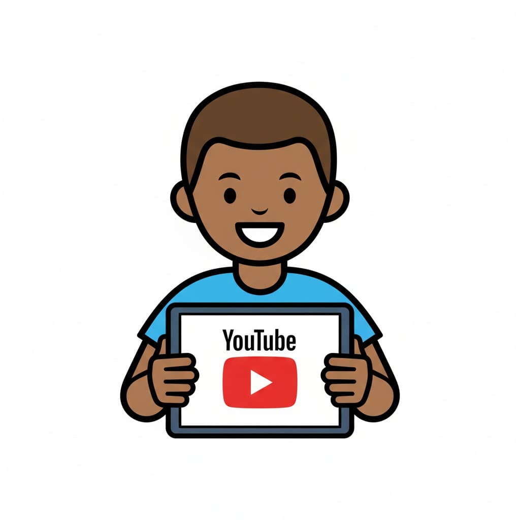 A young boy holds a tablet with the YouTube logo on the screen.