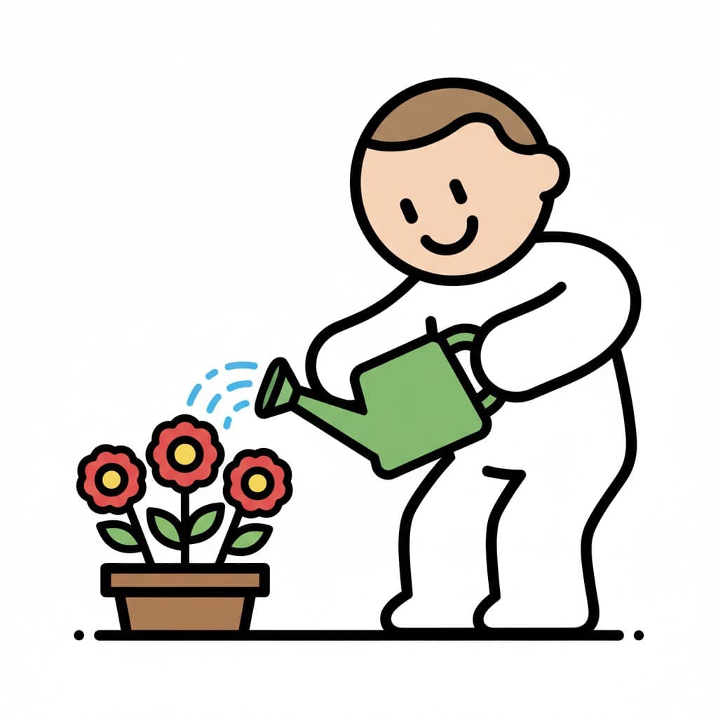 En person vander tre blomster i en potte med en grøn vandkande.