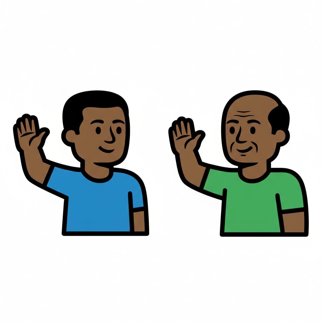 A child waves happily to an older man, who waves back.